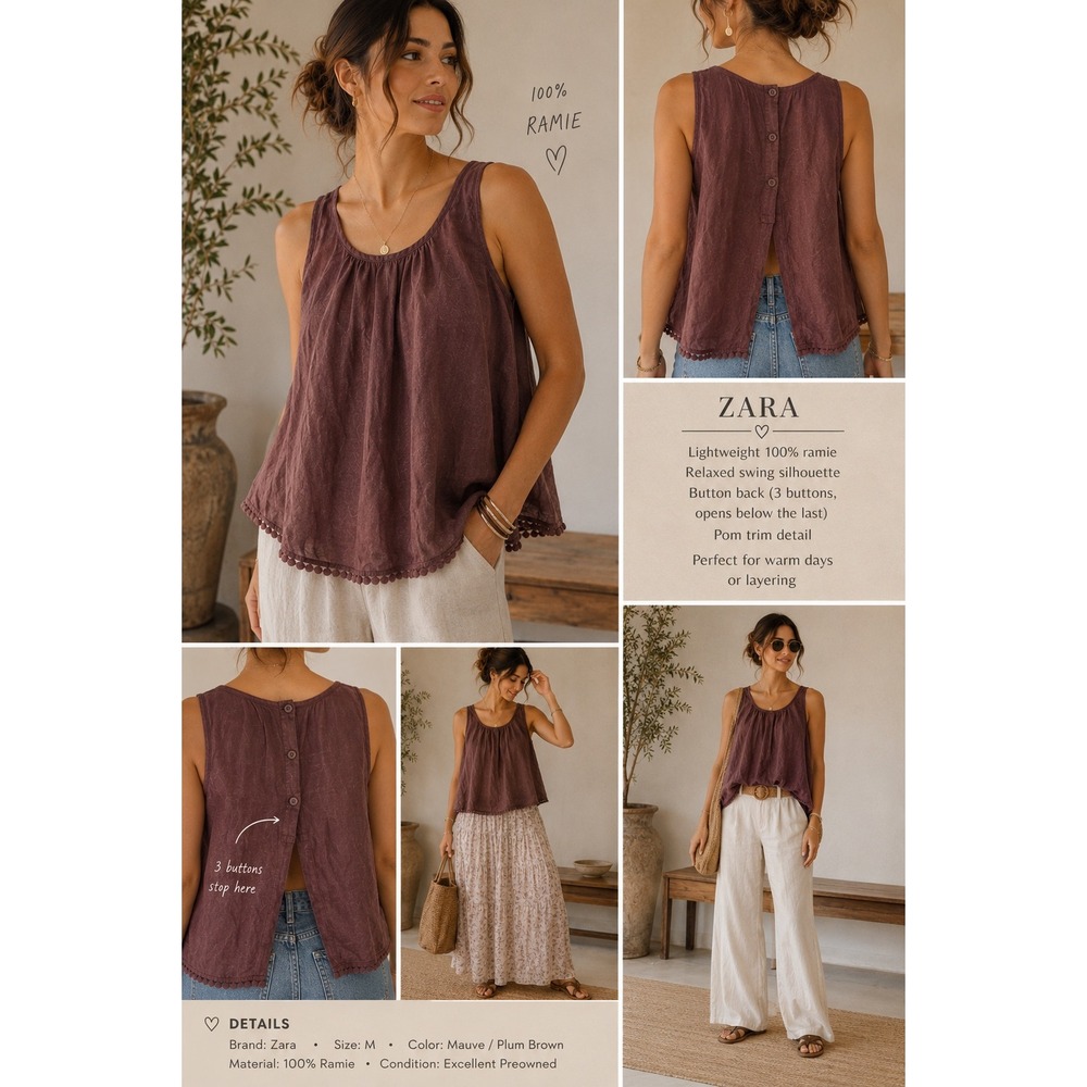 Zara Ramie Swing Tank M Earthy Boho Lagenlook Coastal Grandma Button Back
